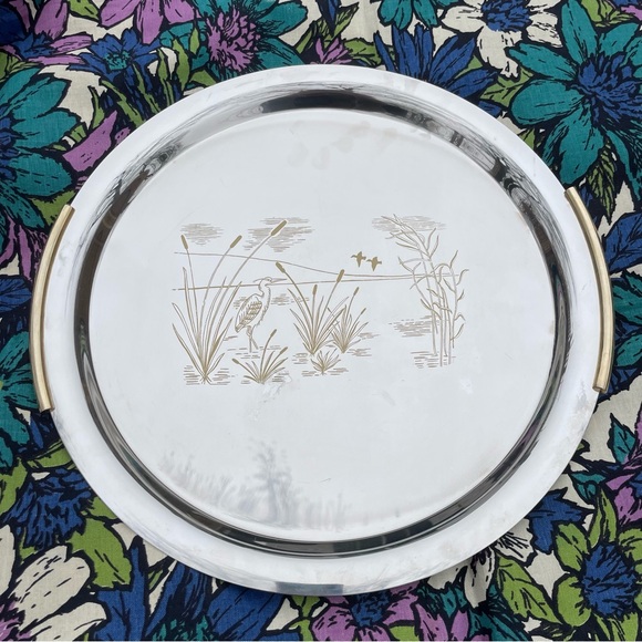 TSL INOX 18/10 Italy Stainless Steel Heron Cattail Serving Tray MCM Art Deco - Picture 1 of 11